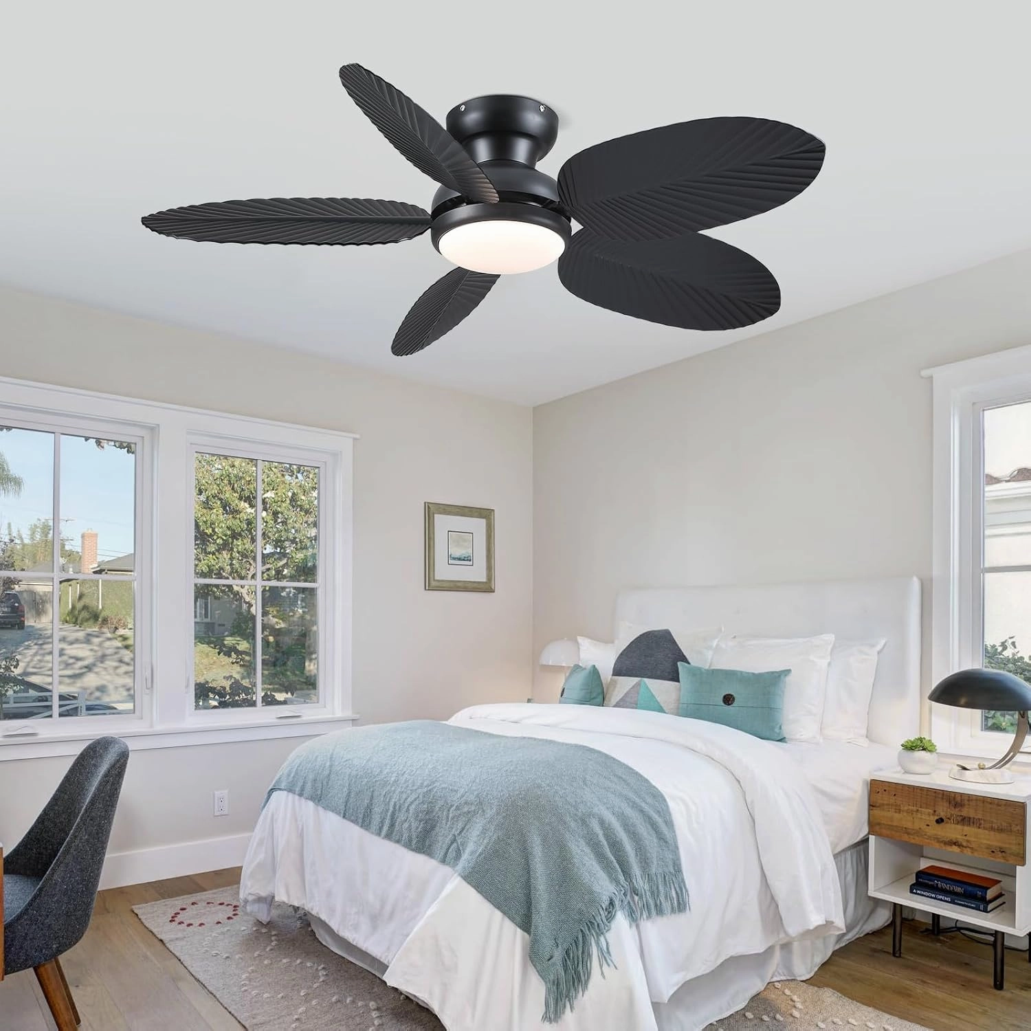 Ceiling Fans with Lights and Remote/APP Control, 45 Inch Low Profile Tropical Ceiling Fan for Living Room Bedroom, Outdoor Flush Mount Palm Leaf Ceiling Fan for Patios Porch, Black