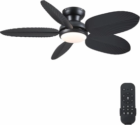 Ceiling Fans with Lights and Remote/APP Control, 45 Inch Low Profile Tropical Ceiling Fan for Living Room Bedroom, Outdoor Flush Mount Palm Leaf Ceiling Fan for Patios Porch, Black App-controlled remote fan for convenience