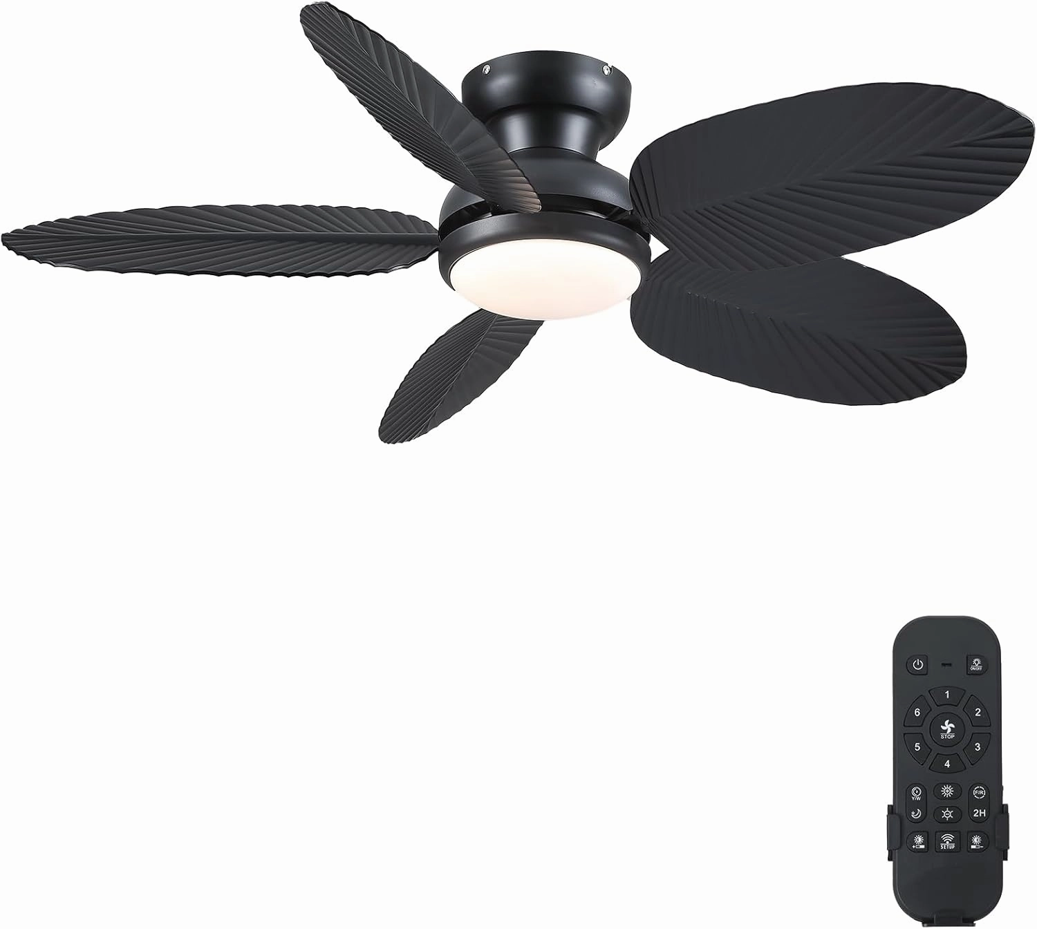 Ceiling Fans with Lights and Remote/APP Control, 45 Inch Low Profile Tropical Ceiling Fan for Living Room Bedroom, Outdoor Flush Mount Palm Leaf Ceiling Fan for Patios Porch, Black App-controlled remote fan for convenience