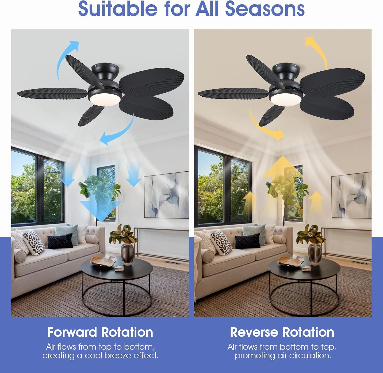 Ceiling Fans with Lights and Remote/APP Control, 45 Inch Low Profile Tropical Ceiling Fan for Living Room Bedroom, Outdoor Flush Mount Palm Leaf Ceiling Fan for Patios Porch, Black