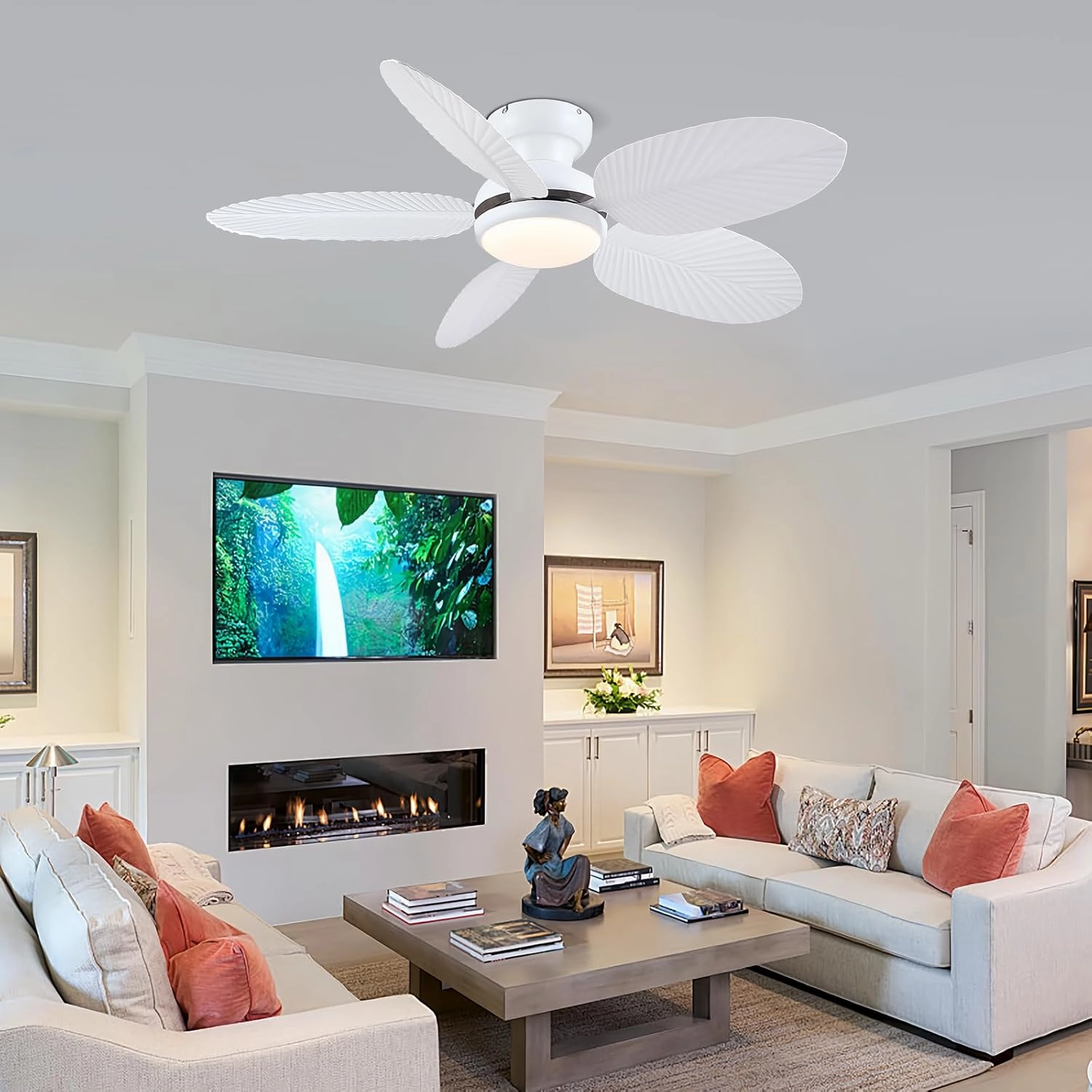 Ceiling Fans with Lights and Remote/APP Control, 45 Inch Low Profile Tropical Ceiling Fan for Living Room Bedroom, Outdoor Flush Mount Palm Leaf Ceiling Fan for Patios Porch, White