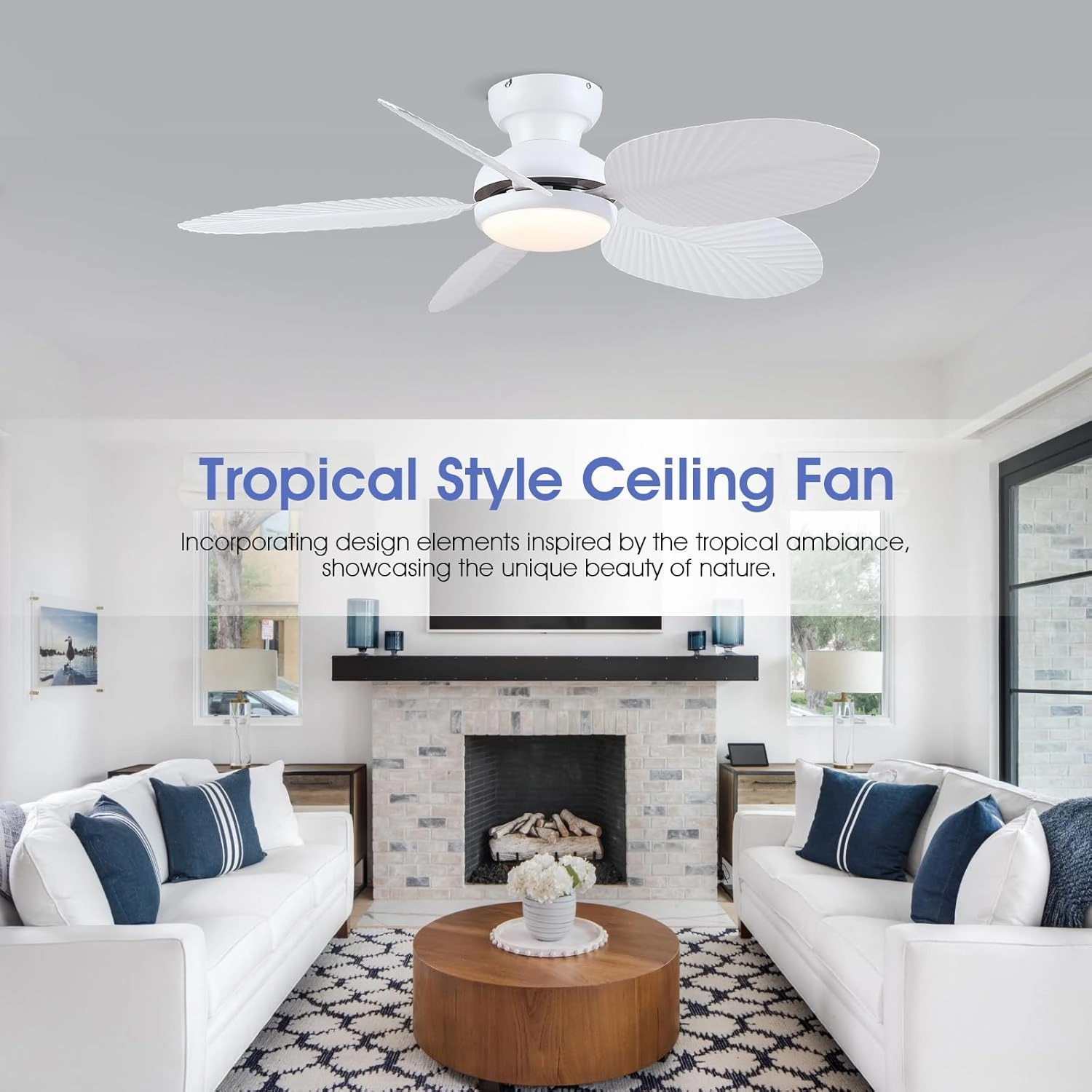 Ceiling Fans with Lights and Remote/APP Control, 45 Inch Low Profile Tropical Ceiling Fan for Living Room Bedroom, Outdoor Flush Mount Palm Leaf Ceiling Fan for Patios Porch, White