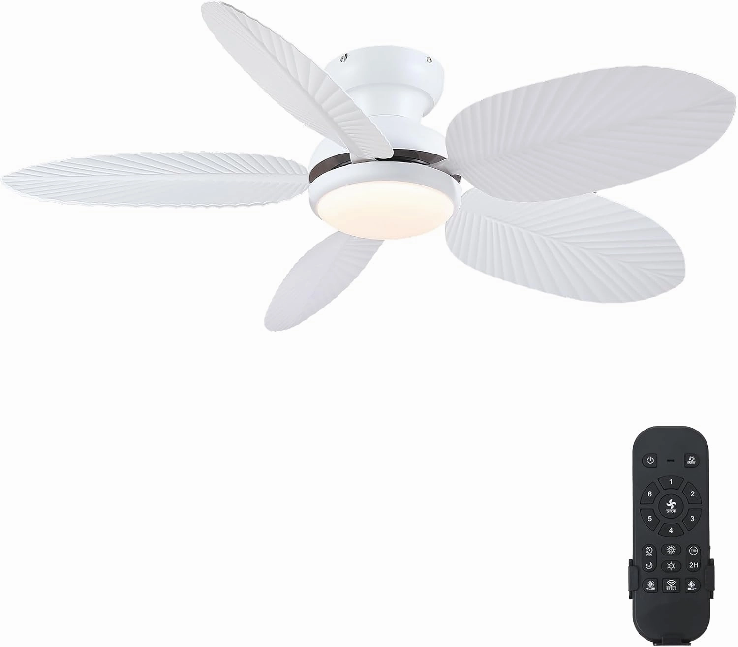 Ceiling Fans with Lights and Remote/APP Control, 45 Inch Low Profile Tropical Ceiling Fan for Living Room Bedroom, Outdoor Flush Mount Palm Leaf Ceiling Fan for Patios Porch, White App-controlled remote fan for convenience