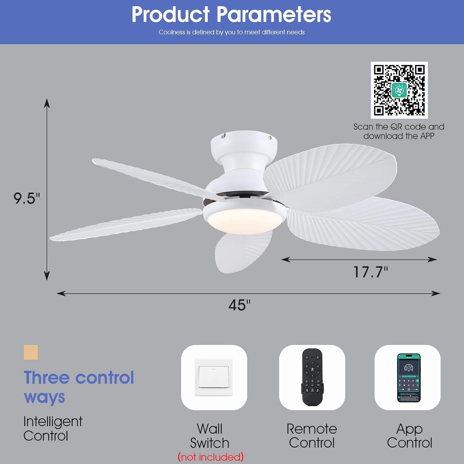 Ceiling Fans with Lights and Remote/APP Control, 45 Inch Low Profile Tropical Ceiling Fan for Living Room Bedroom, Outdoor Flush Mount Palm Leaf Ceiling Fan for Patios Porch, White