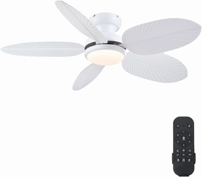 Ceiling Fans with Lights and Remote/APP Control, 45 Inch Low Profile Tropical Ceiling Fan for Living Room Bedroom, Outdoor Flush Mount Palm Leaf Ceiling Fan for Patios Porch, White App-controlled remote fan for convenience
