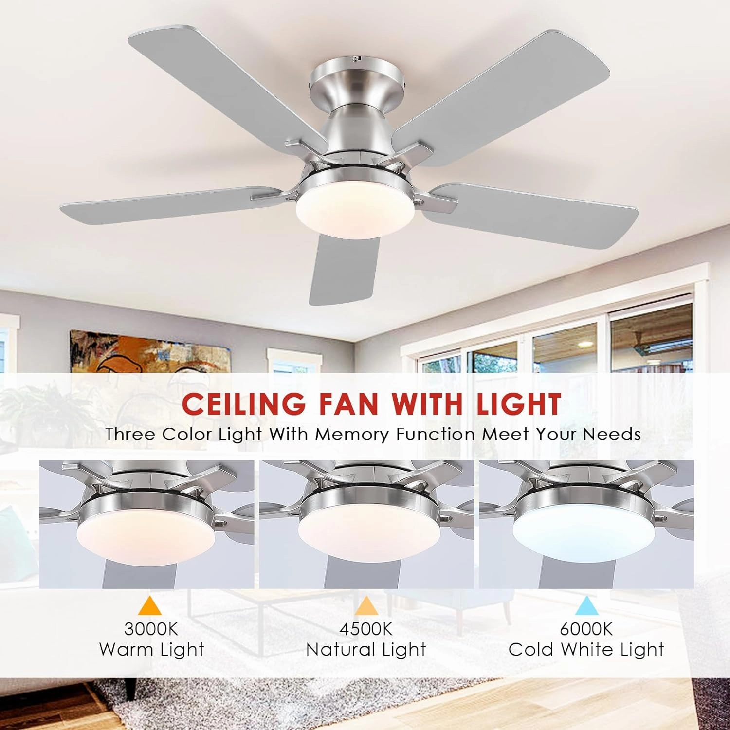 Ceiling Fans with Lights and Remote/APP Control,46" Flush Mount Ceiling Fan Dimmable DC MotorLow Profile Ceiling Fan for Bedroom,Living Room,Brushed Nickel