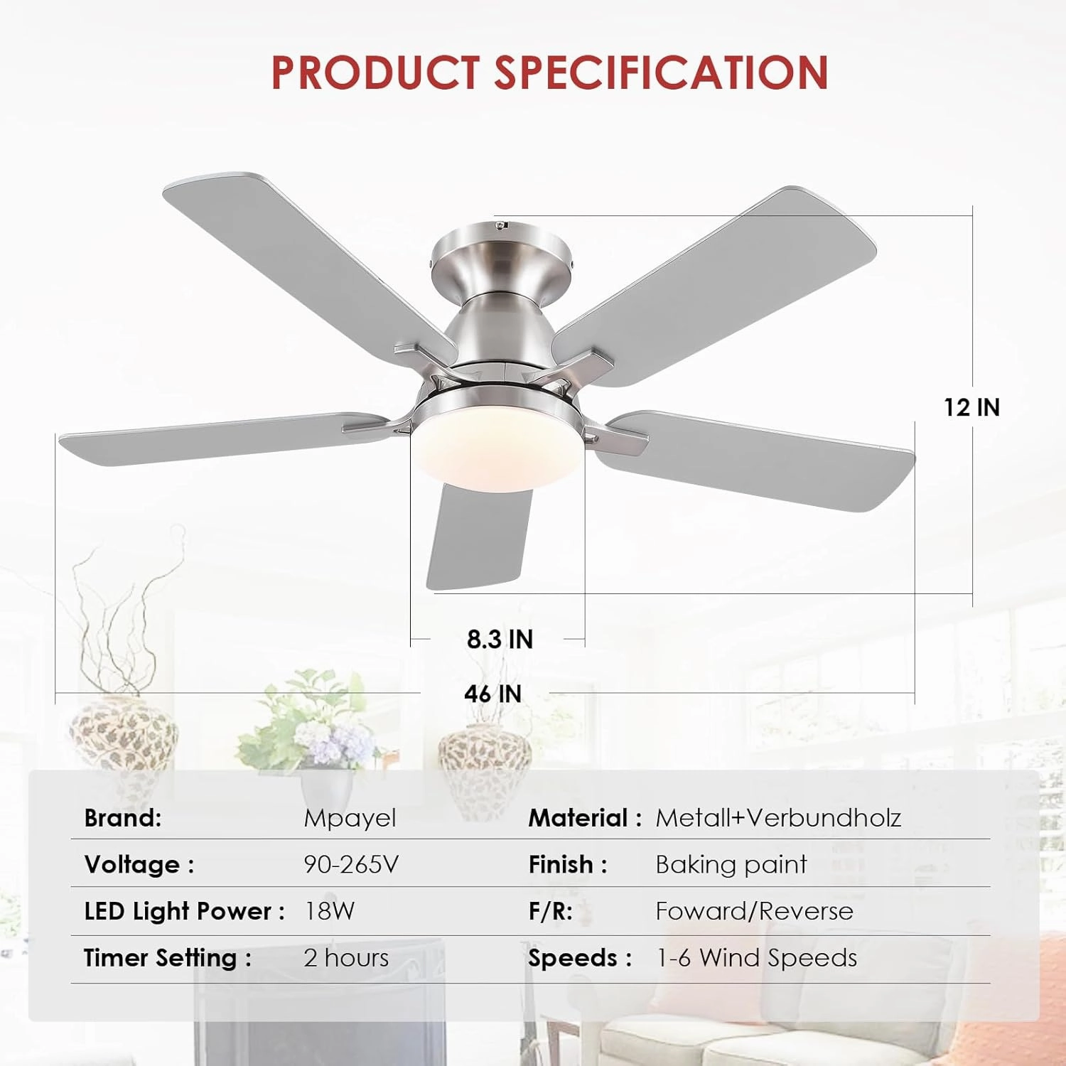 Ceiling Fans with Lights and Remote/APP Control,46" Flush Mount Ceiling Fan Dimmable DC MotorLow Profile Ceiling Fan for Bedroom,Living Room,Brushed Nickel