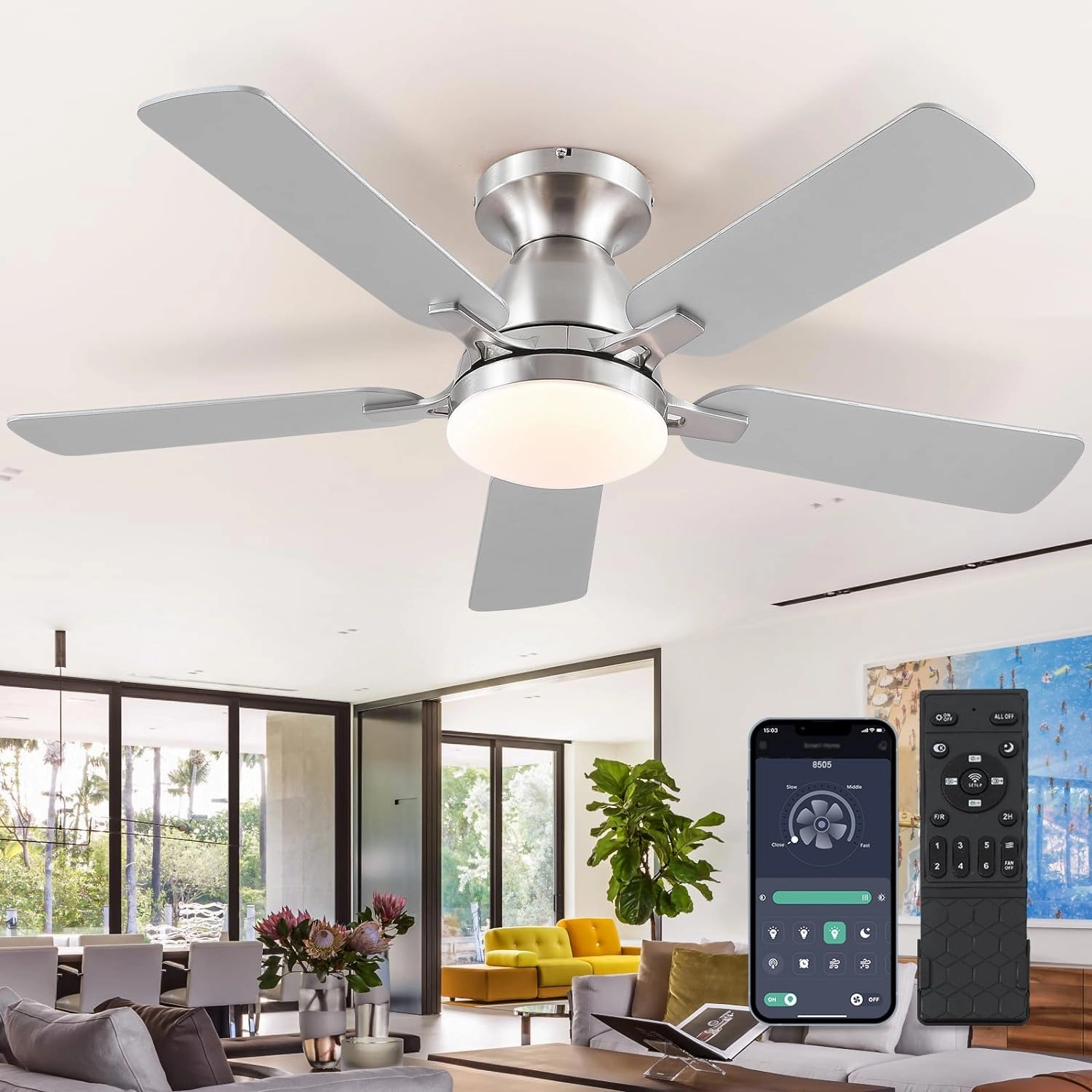 Ceiling Fans with Lights and Remote/APP Control,46" Flush Mount Ceiling Fan Dimmable DC MotorLow Profile Ceiling Fan for Bedroom,Living Room,Brushed Nickel