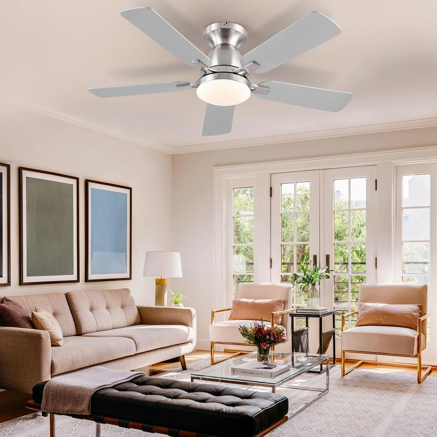 Ceiling Fans with Lights and Remote/APP Control,46" Flush Mount Ceiling Fan Dimmable DC MotorLow Profile Ceiling Fan for Bedroom,Living Room,Brushed Nickel