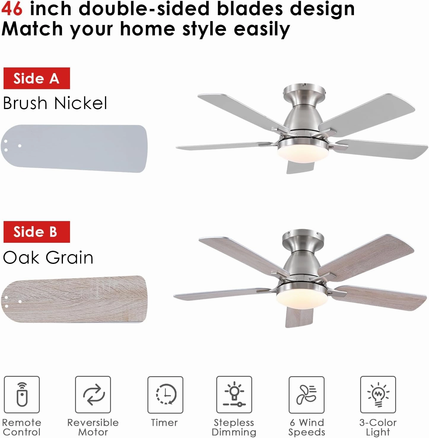 Ceiling Fans with Lights and Remote/APP Control,46" Flush Mount Ceiling Fan Dimmable DC MotorLow Profile Ceiling Fan for Bedroom,Living Room,Brushed Nickel