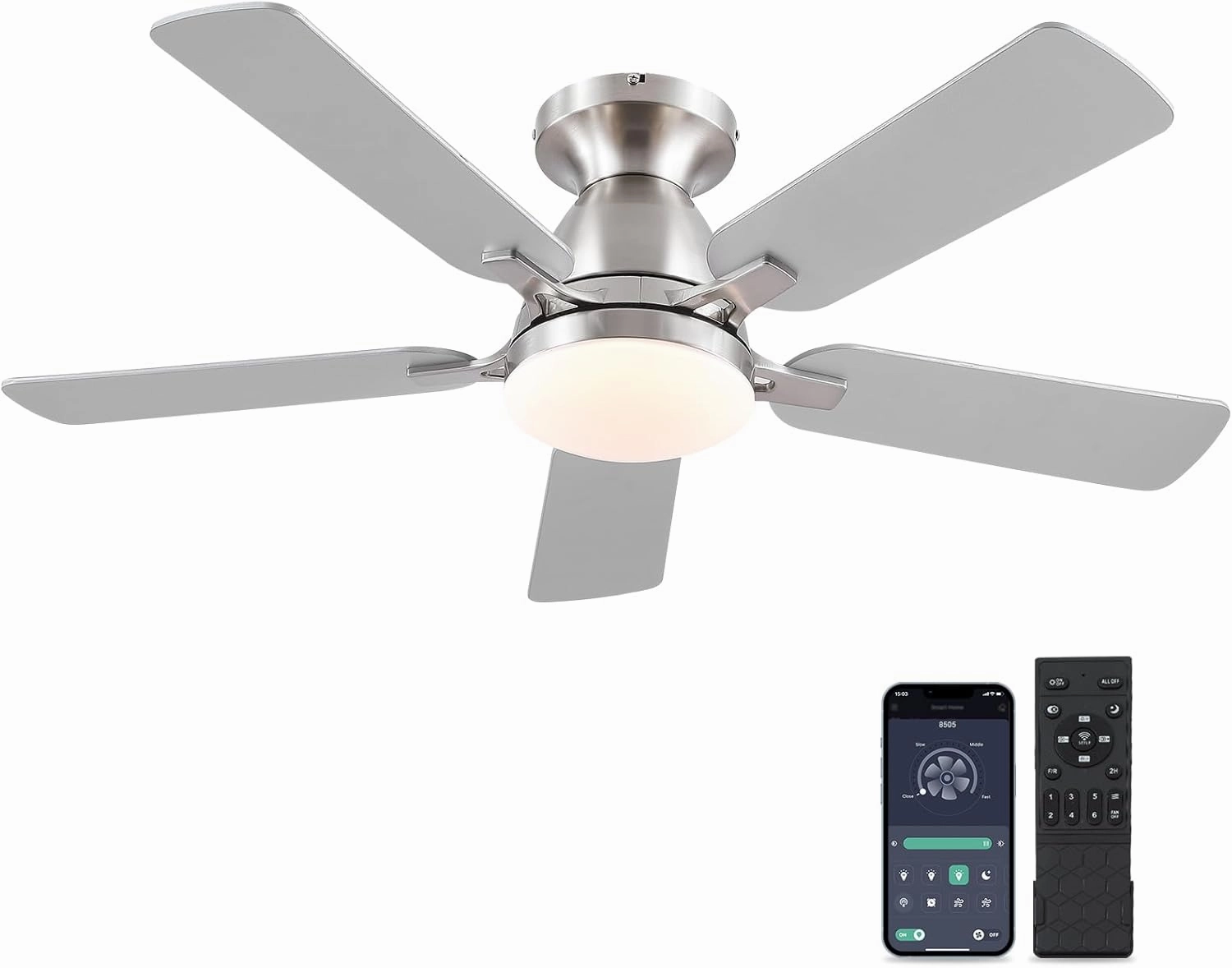 Ceiling Fans with Lights and Remote/APP Control,46" Flush Mount Ceiling Fan Dimmable DC MotorLow Profile Ceiling Fan for Bedroom,Living Room,Brushed Nickel App-controlled remote fan for convenience
