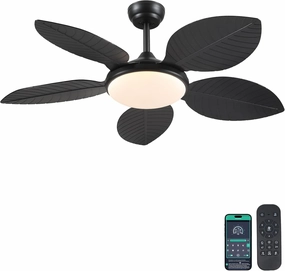 Ceiling Fans with Lights and Remote/APP Control, 48 Inch Tropical Ceiling Fan for Bedroom Living Room, Outdoor Palm Leaf Ceiling Fan for Patios Porch, Dimmable, 6 Speeds, Reversible, Black App-controlled remote fan for convenience