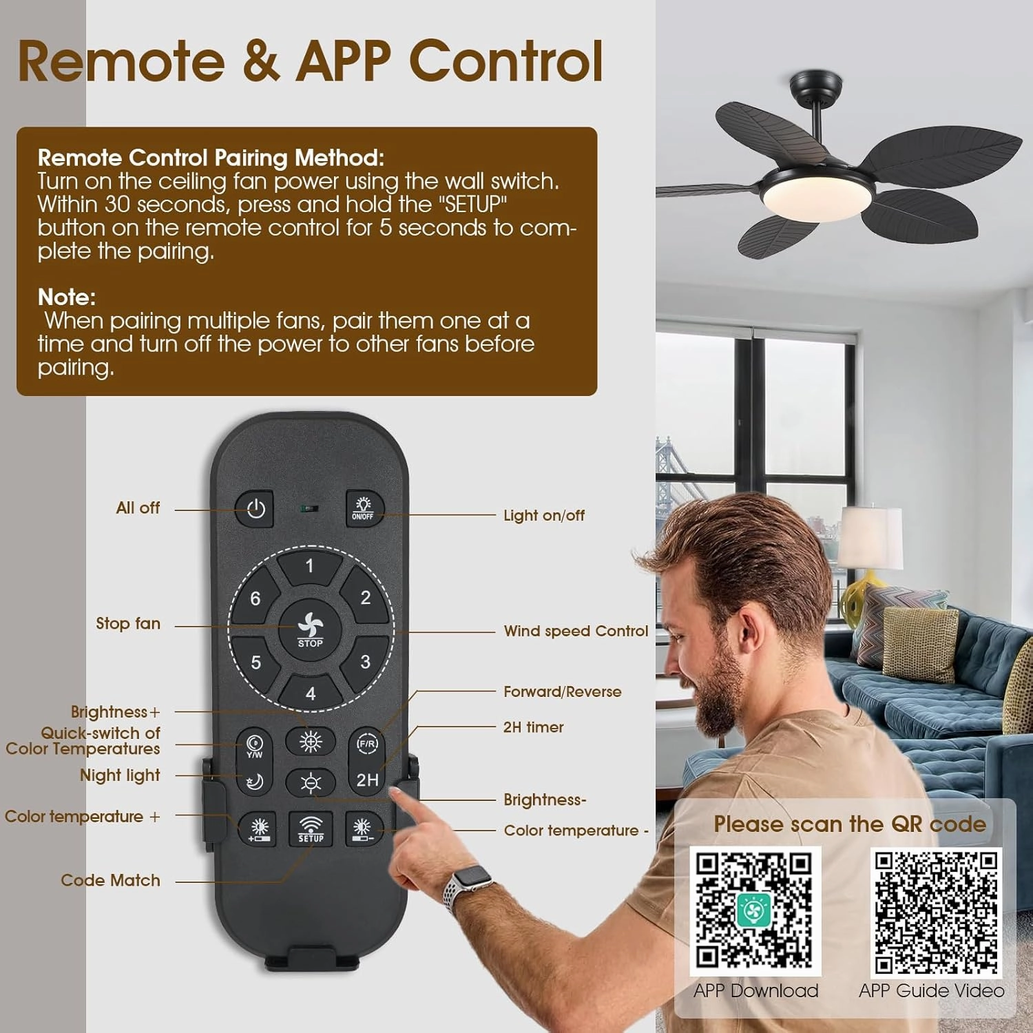 Ceiling Fans with Lights and Remote/APP Control, 48 Inch Tropical Ceiling Fan for Bedroom Living Room, Outdoor Palm Leaf Ceiling Fan for Patios Porch, Dimmable, 6 Speeds, Reversible, Black