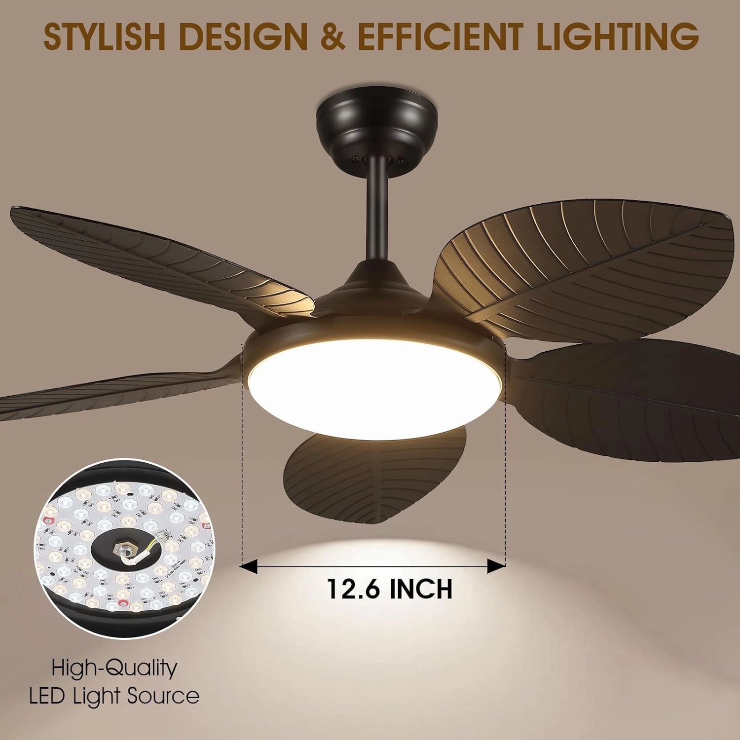 Ceiling Fans with Lights and Remote/APP Control, 48 Inch Tropical Ceiling Fan for Bedroom Living Room, Outdoor Palm Leaf Ceiling Fan for Patios Porch, Dimmable, 6 Speeds, Reversible, Black