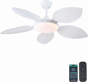 Ceiling Fans with Lights and Remote/APP Control, 48 Inch Tropical Ceiling Fan for Bedroom Living Room, Outdoor Palm Leaf Ceiling Fan for Patios Porch, Dimmable, 6 Speeds, Reversible, White App-controlled remote fan for convenience