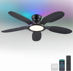 Ceiling Fans with Lights and Remote/APP Control, 52 inch Low Profile Ceiling Fans with Dimmable White   RGB Ring Lights, 6 Speeds 5 Curved Blades for Kids Room Bedroom Bar, Black App-controlled remote fan for convenience