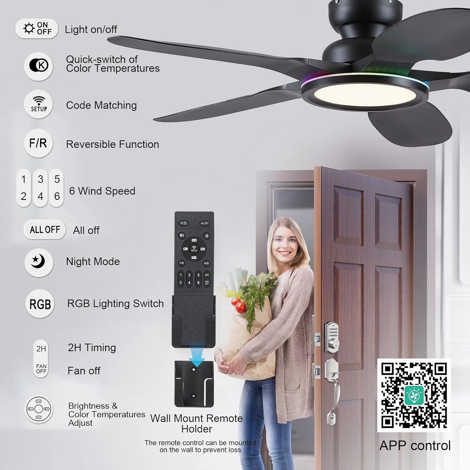 Ceiling Fans with Lights and Remote/APP Control, 52 inch Low Profile Ceiling Fans with Dimmable White   RGB Ring Lights, 6 Speeds 5 Curved Blades for Kids Room Bedroom Bar, Black