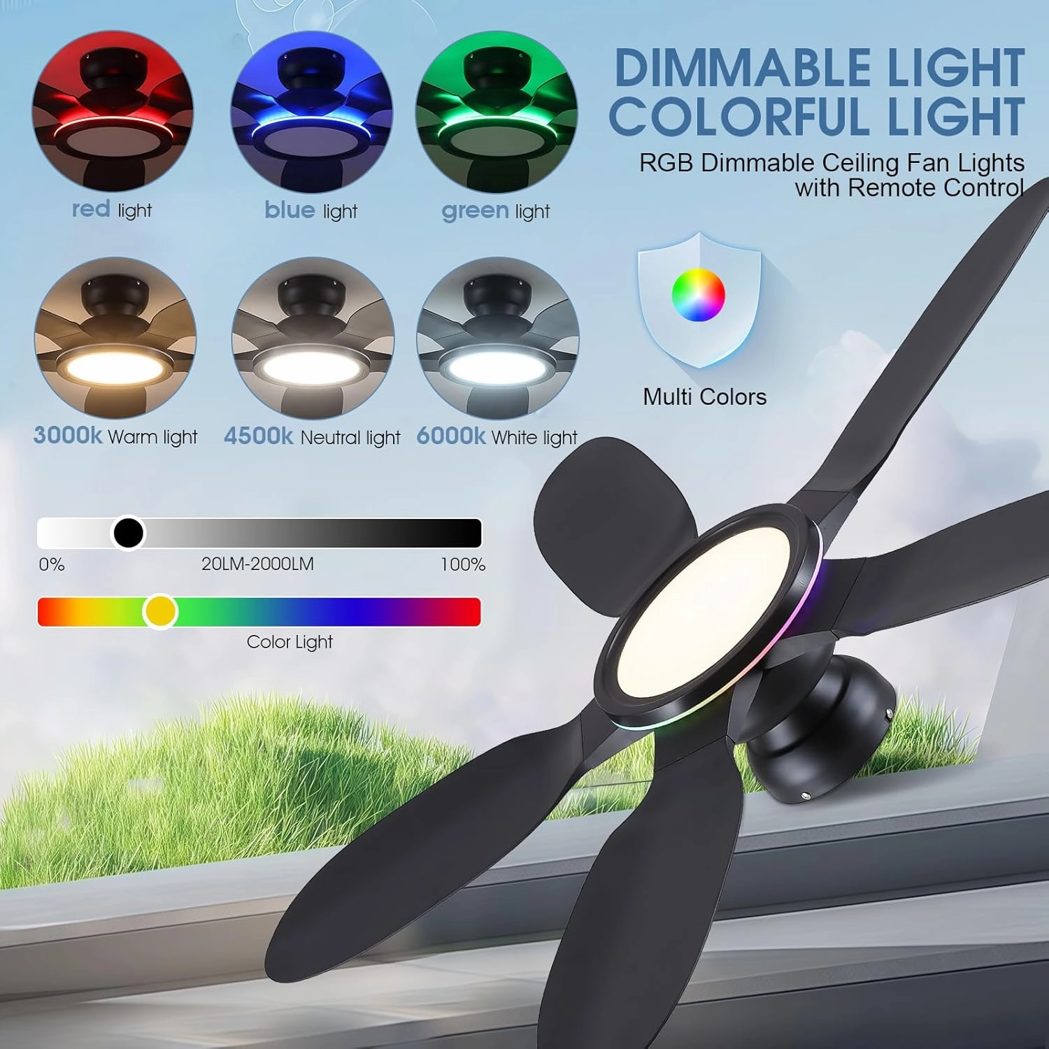 Ceiling Fans with Lights and Remote/APP Control, 52 inch Low Profile Ceiling Fans with Dimmable White   RGB Ring Lights, 6 Speeds 5 Curved Blades for Kids Room Bedroom Bar, Black