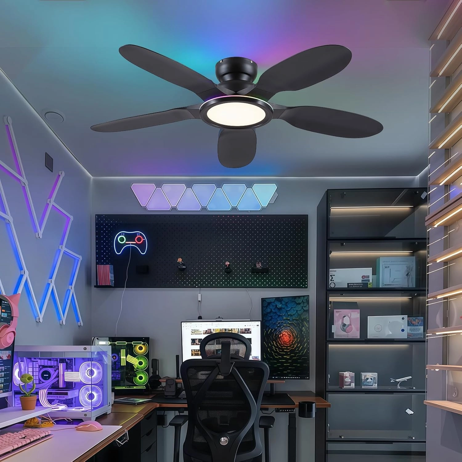 Ceiling Fans with Lights and Remote/APP Control, 52 inch Low Profile Ceiling Fans with Dimmable White   RGB Ring Lights, 6 Speeds 5 Curved Blades for Kids Room Bedroom Bar, Black
