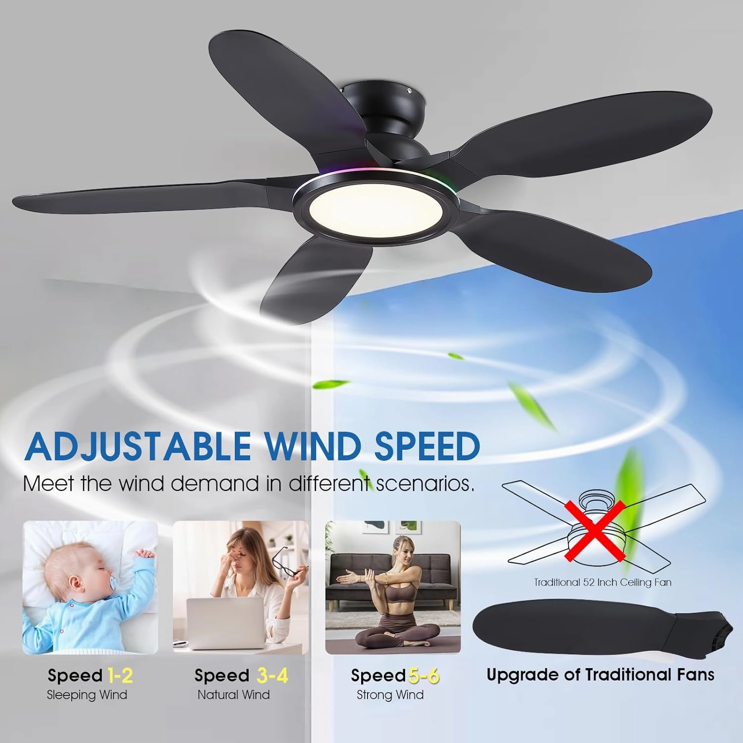 Ceiling Fans with Lights and Remote/APP Control, 52 inch Low Profile Ceiling Fans with Dimmable White   RGB Ring Lights, 6 Speeds 5 Curved Blades for Kids Room Bedroom Bar, Black