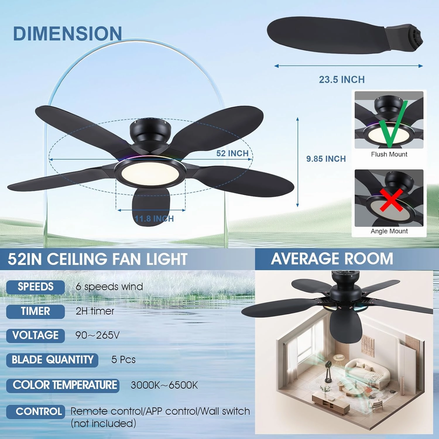 Ceiling Fans with Lights and Remote/APP Control, 52 inch Low Profile Ceiling Fans with Dimmable White   RGB Ring Lights, 6 Speeds 5 Curved Blades for Kids Room Bedroom Bar, Black