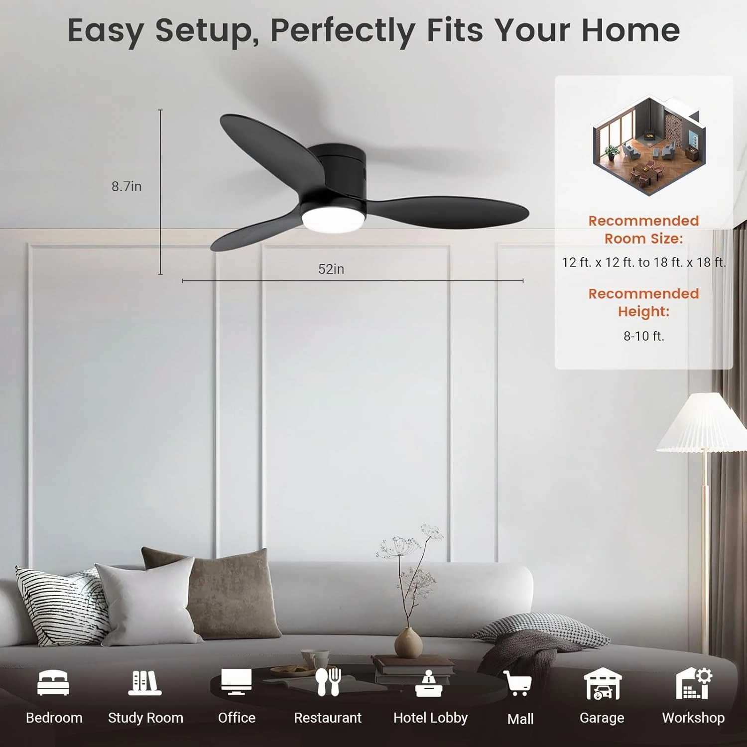 Ceiling Fans with Lights and Remote/APP Control,52" Flush Mount Ceiling Fan with Quiet Reversible Motor, 6 Speeds, 3 Colors Dimmable,Timing,Memory Function for Bedroom Office Home