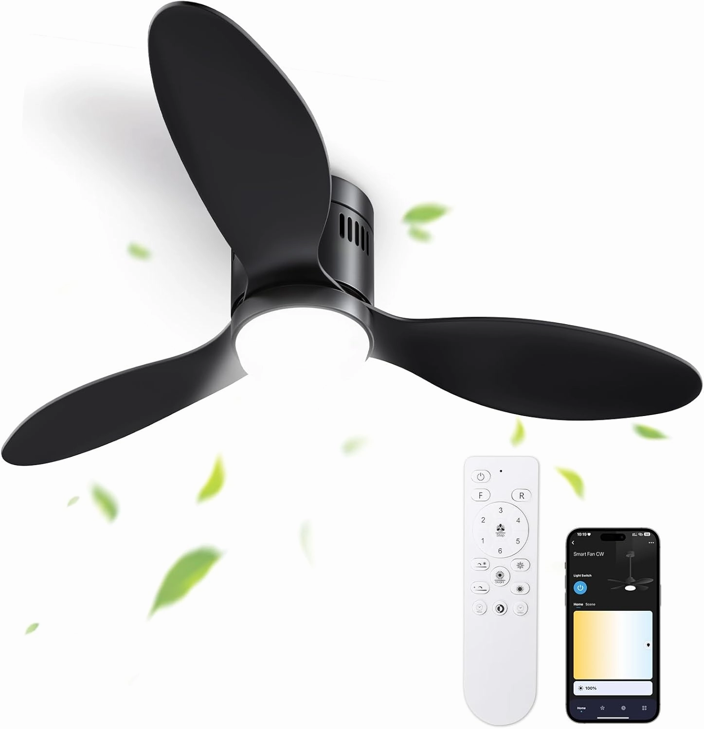 Ceiling Fans with Lights and Remote/APP Control,52" Flush Mount Ceiling Fan with Quiet Reversible Motor, 6 Speeds, 3 Colors Dimmable,Timing,Memory Function for Bedroom Office Home App-controlled remote fan for convenience