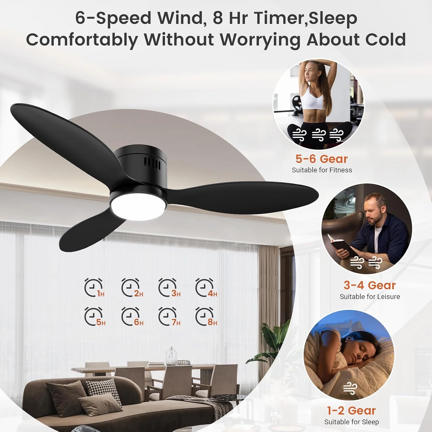 Ceiling Fans with Lights and Remote/APP Control,52" Flush Mount Ceiling Fan with Quiet Reversible Motor, 6 Speeds, 3 Colors Dimmable,Timing,Memory Function for Bedroom Office Home