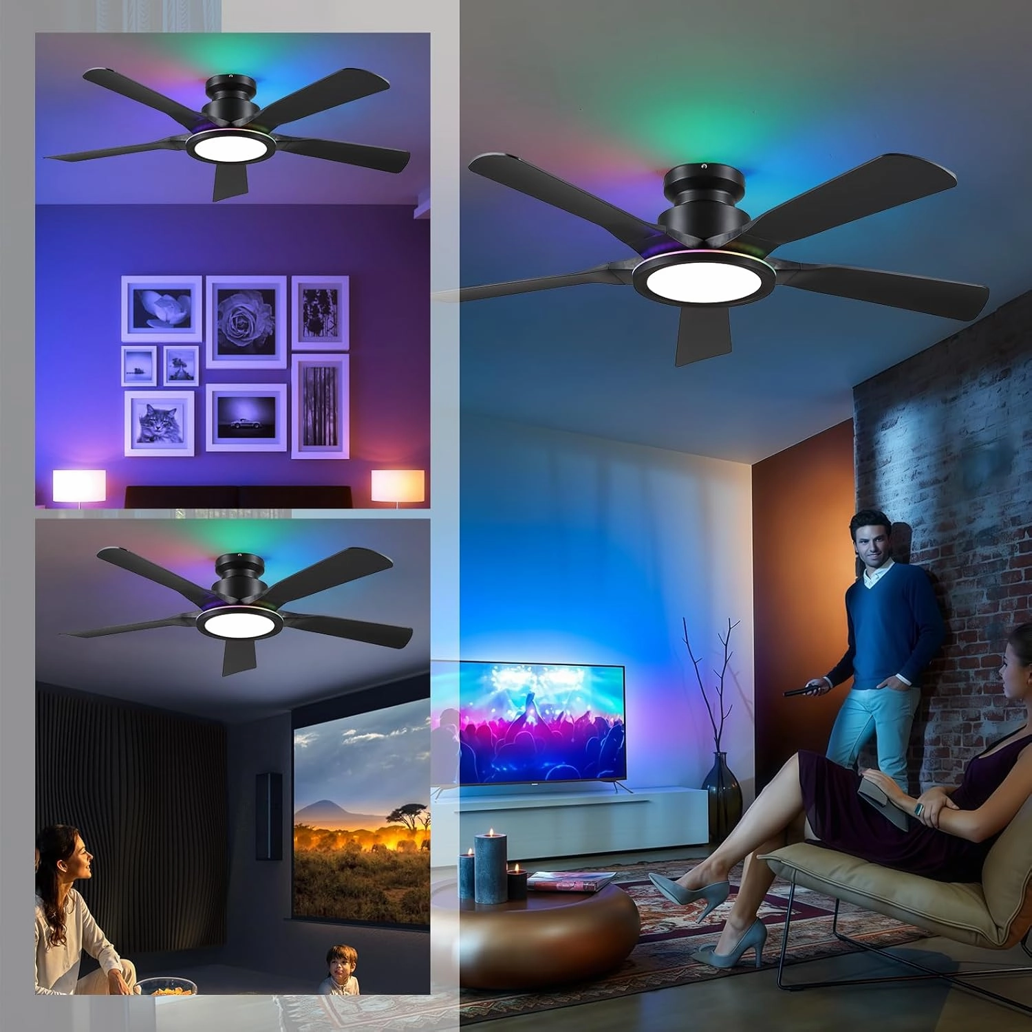 Ceiling Fans with Lights and Remote/APP Control, 52" Low Profile Flush Mount Ceiling Fan with RGB Ring Light & Dimmable, 5 Reversible Curved Blades 3 CCT 6 Speeds for Bedroom Living Room Party, Black