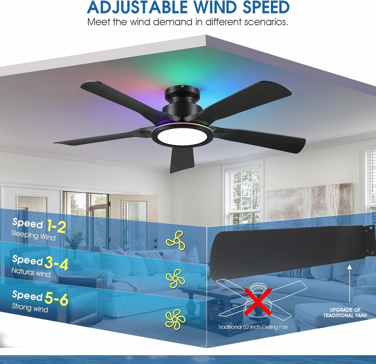 Ceiling Fans with Lights and Remote/APP Control, 52" Low Profile Flush Mount Ceiling Fan with RGB Ring Light & Dimmable, 5 Reversible Curved Blades 3 CCT 6 Speeds for Bedroom Living Room Party, Black