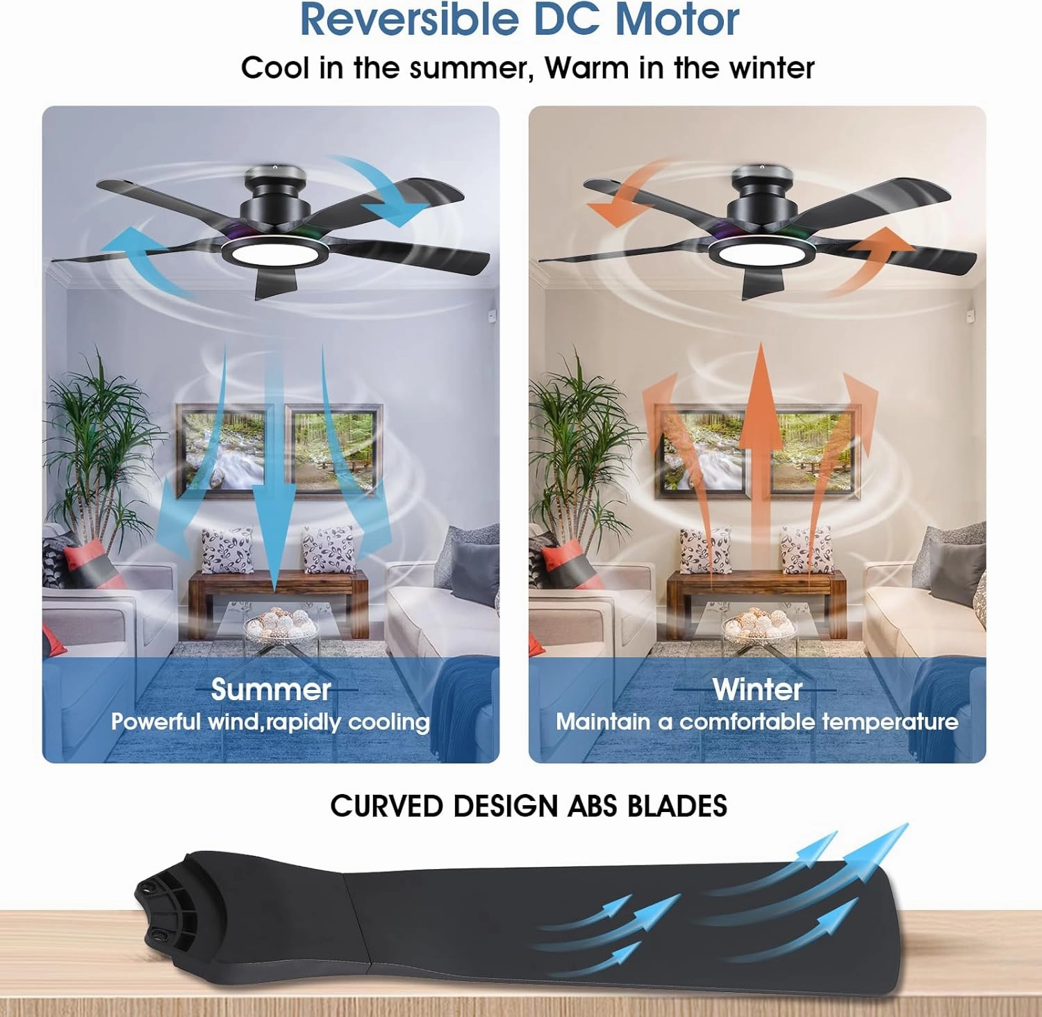 Ceiling Fans with Lights and Remote/APP Control, 52" Low Profile Flush Mount Ceiling Fan with RGB Ring Light & Dimmable, 5 Reversible Curved Blades 3 CCT 6 Speeds for Bedroom Living Room Party, Black