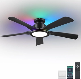 Ceiling Fans with Lights and Remote/APP Control, 52" Low Profile Flush Mount Ceiling Fan with RGB Ring Light & Dimmable, 5 Reversible Curved Blades 3 CCT 6 Speeds for Bedroom Living Room Party, Black App-controlled remote fan for convenience