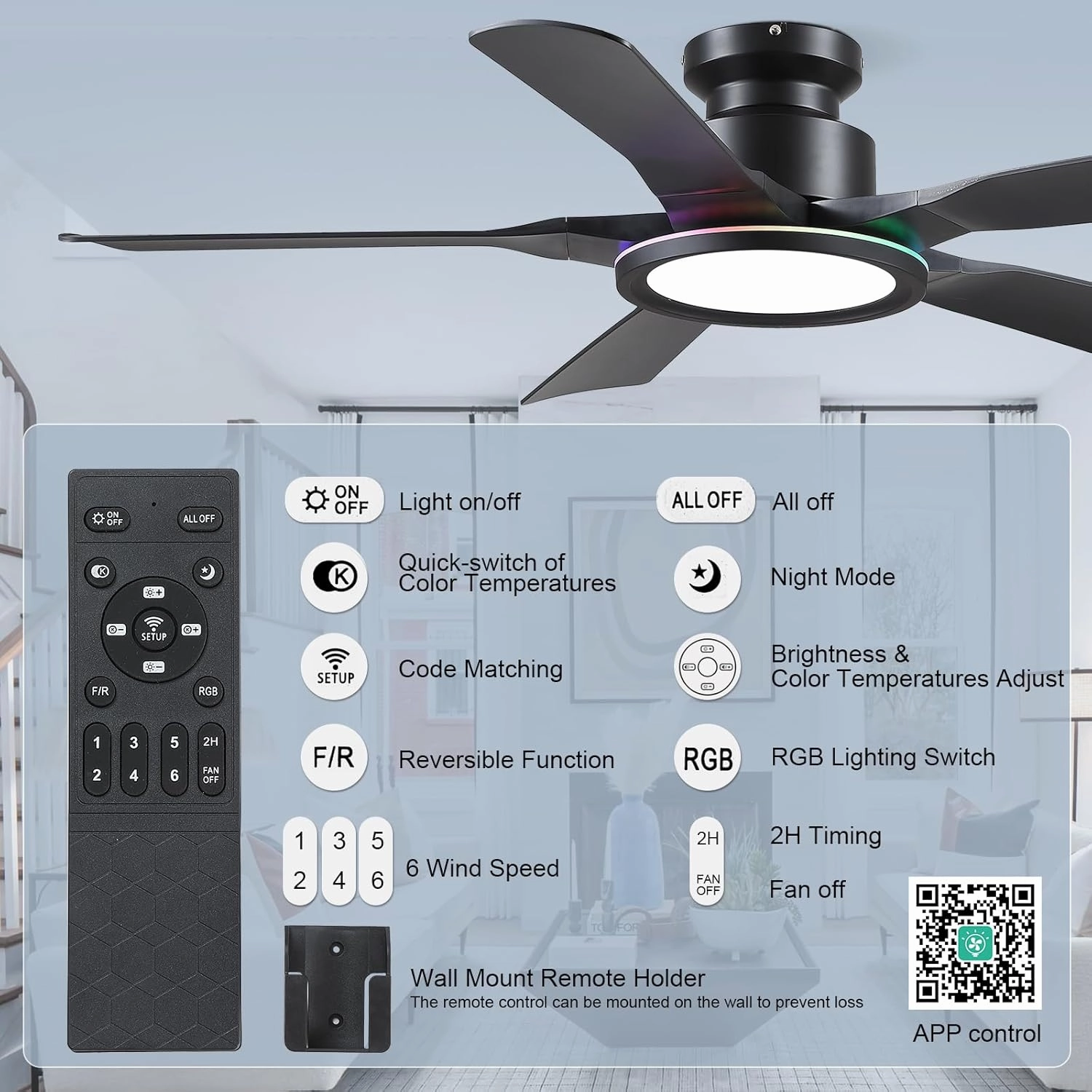 Ceiling Fans with Lights and Remote/APP Control, 52" Low Profile Flush Mount Ceiling Fan with RGB Ring Light & Dimmable, 5 Reversible Curved Blades 3 CCT 6 Speeds for Bedroom Living Room Party, Black
