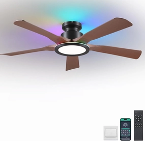 Ceiling Fans with Lights and Remote/APP Control, 52" Low Profile Flush Mount Ceiling Fan with RGB Ring Light & Dimmable, 5 Reversible Curved Blades 3 CCT 6 Speeds for Bedroom Living Room Party, Brown App-controlled remote fan for convenience
