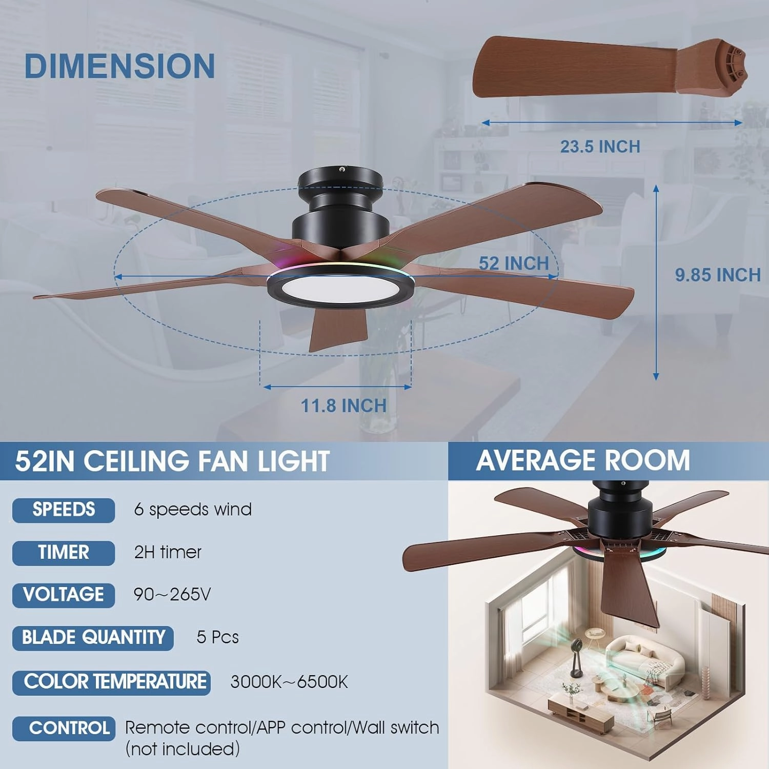 Ceiling Fans with Lights and Remote/APP Control, 52" Low Profile Flush Mount Ceiling Fan with RGB Ring Light & Dimmable, 5 Reversible Curved Blades 3 CCT 6 Speeds for Bedroom Living Room Party, Brown