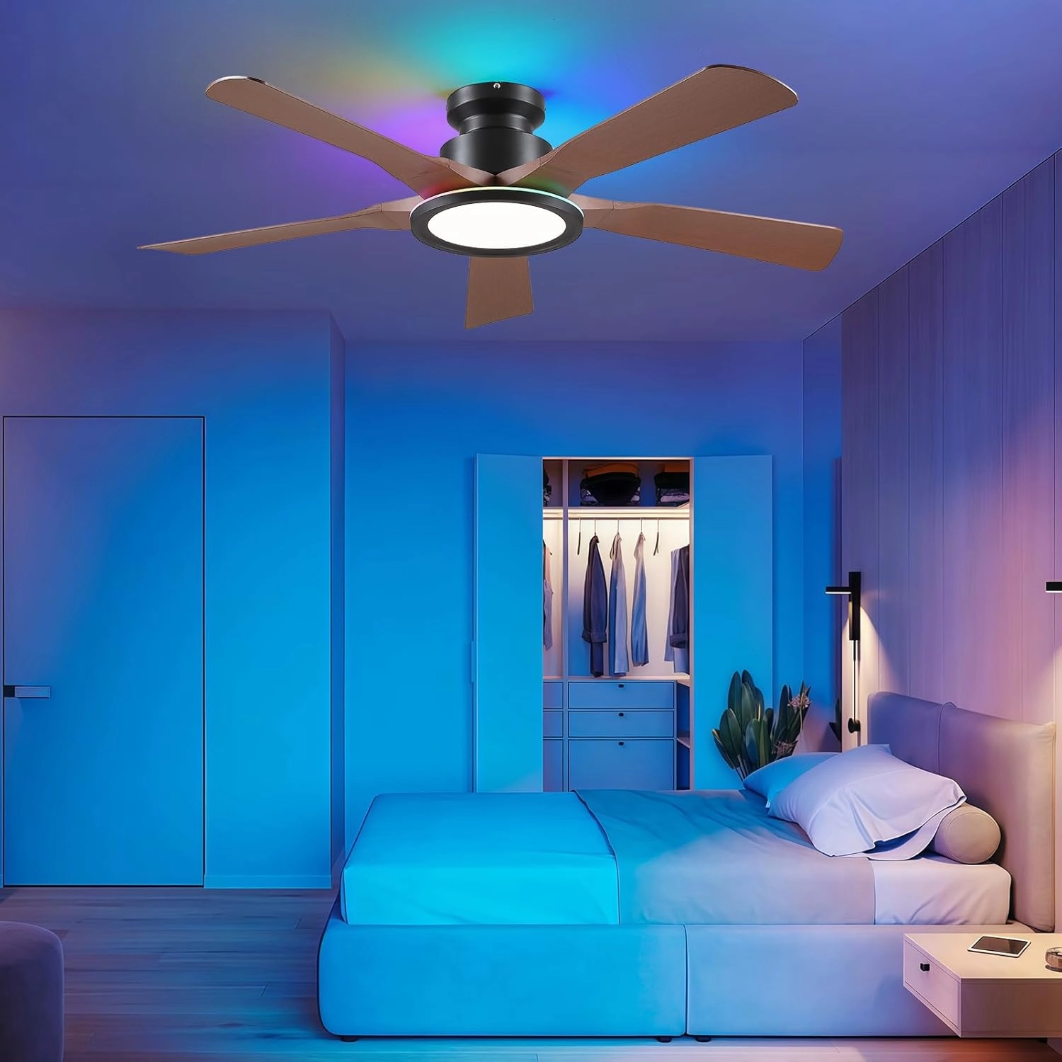 Ceiling Fans with Lights and Remote/APP Control, 52" Low Profile Flush Mount Ceiling Fan with RGB Ring Light & Dimmable, 5 Reversible Curved Blades 3 CCT 6 Speeds for Bedroom Living Room Party, Brown