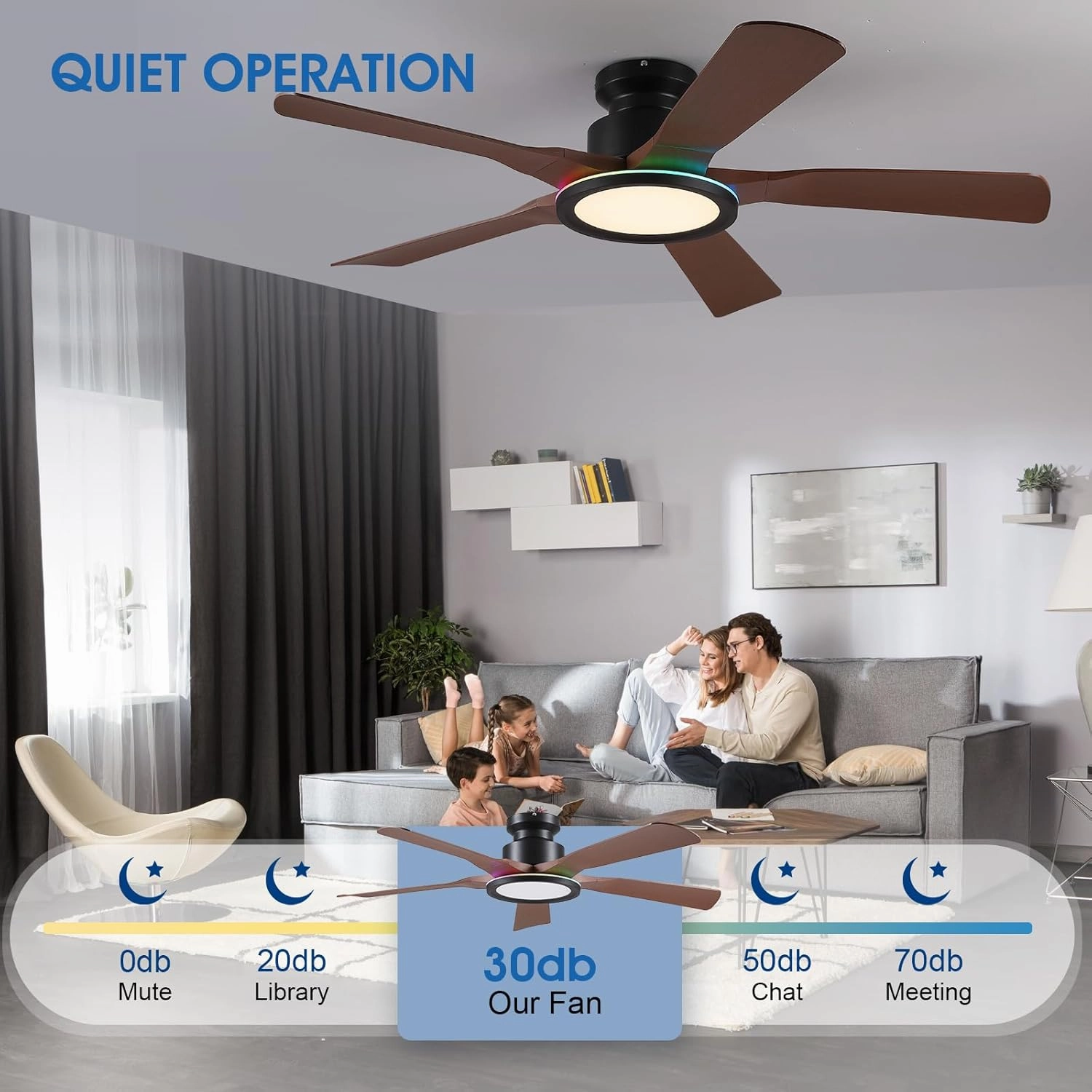 Ceiling Fans with Lights and Remote/APP Control, 52" Low Profile Flush Mount Ceiling Fan with RGB Ring Light & Dimmable, 5 Reversible Curved Blades 3 CCT 6 Speeds for Bedroom Living Room Party, Brown