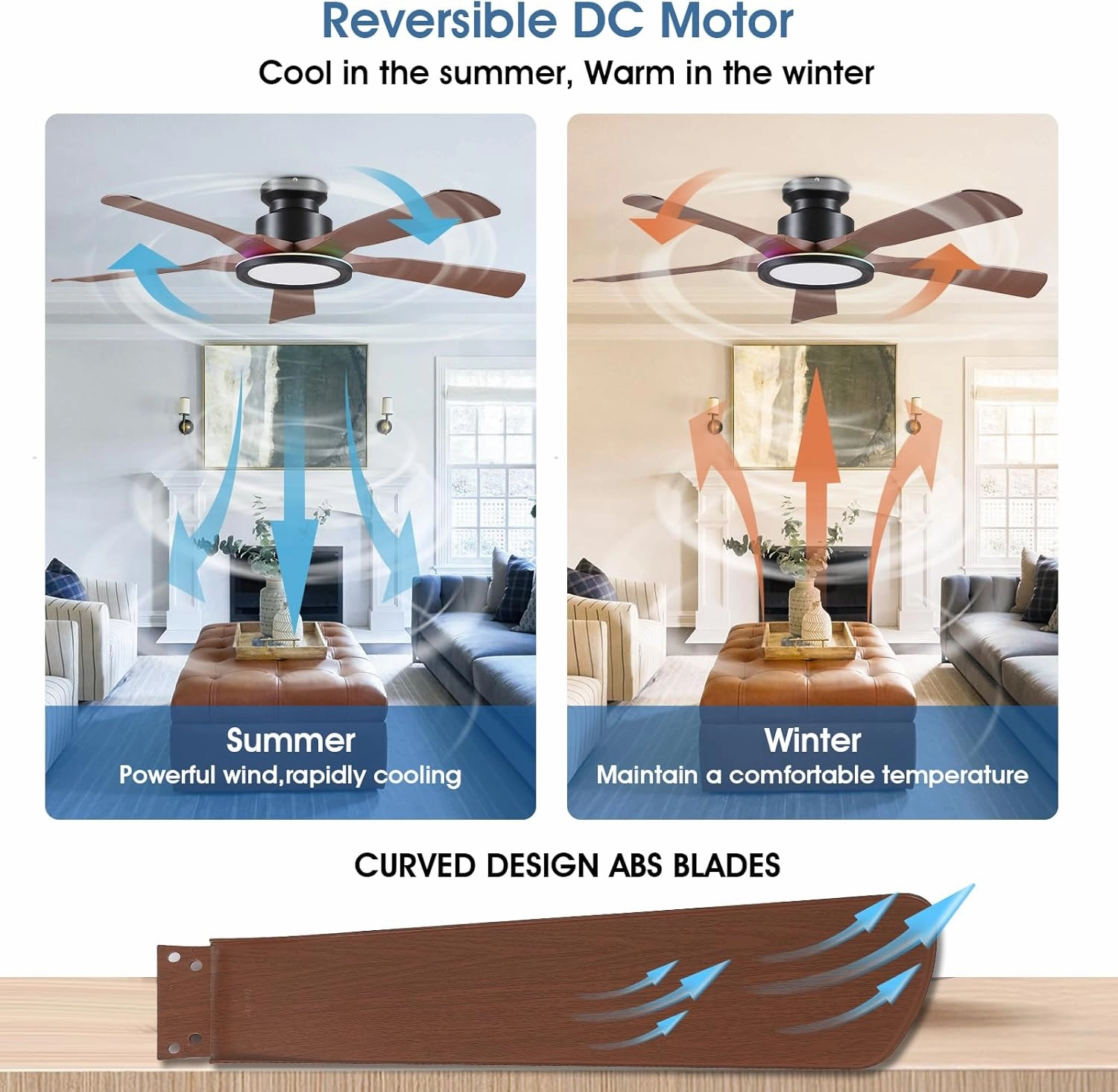 Ceiling Fans with Lights and Remote/APP Control, 52" Low Profile Flush Mount Ceiling Fan with RGB Ring Light & Dimmable, 5 Reversible Curved Blades 3 CCT 6 Speeds for Bedroom Living Room Party, Brown
