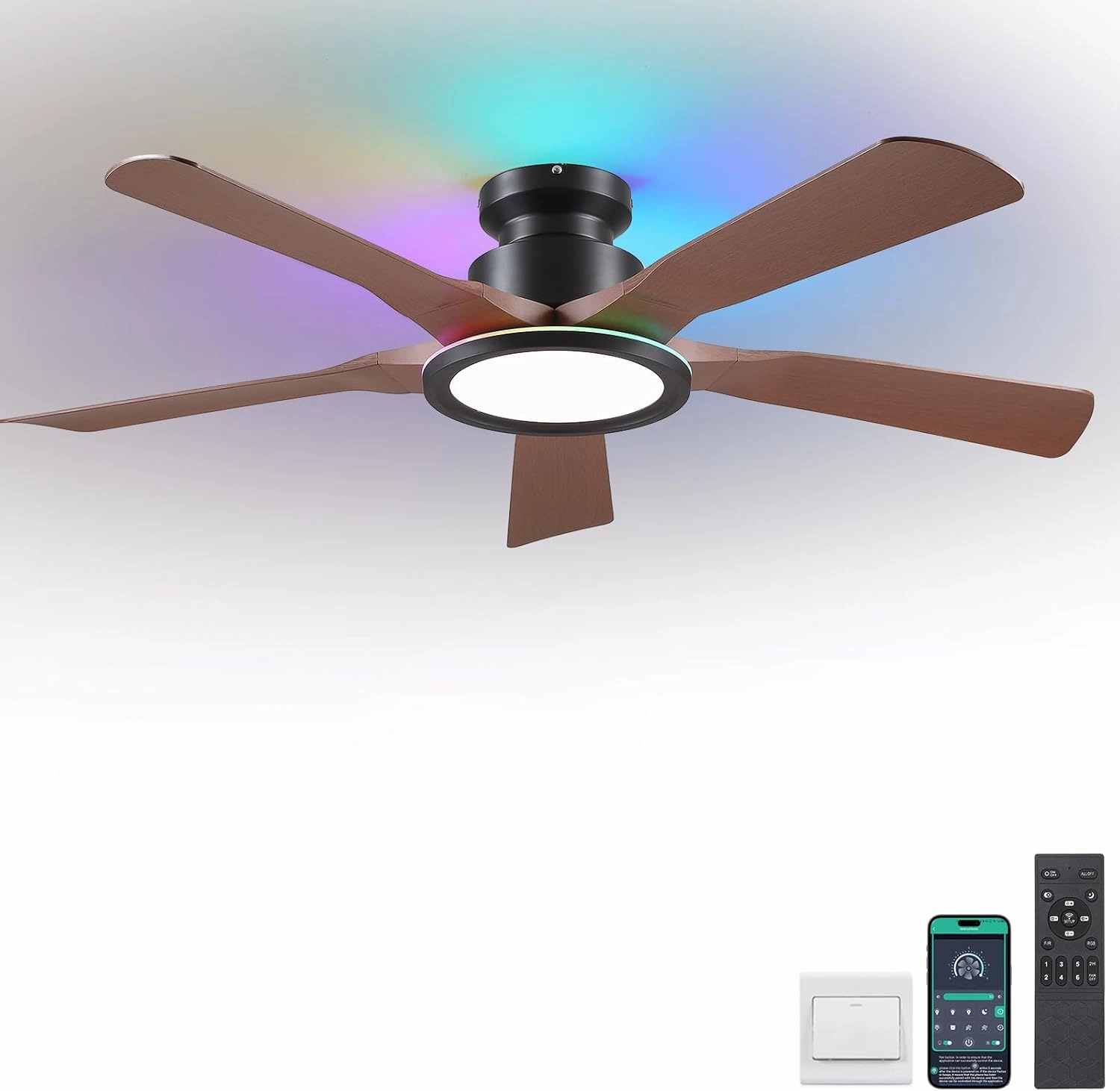 Ceiling Fans with Lights and Remote/APP Control, 52" Low Profile Flush Mount Ceiling Fan with RGB Ring Light & Dimmable, 5 Reversible Curved Blades 3 CCT 6 Speeds for Bedroom Living Room Party, Brown App-controlled remote fan for convenience