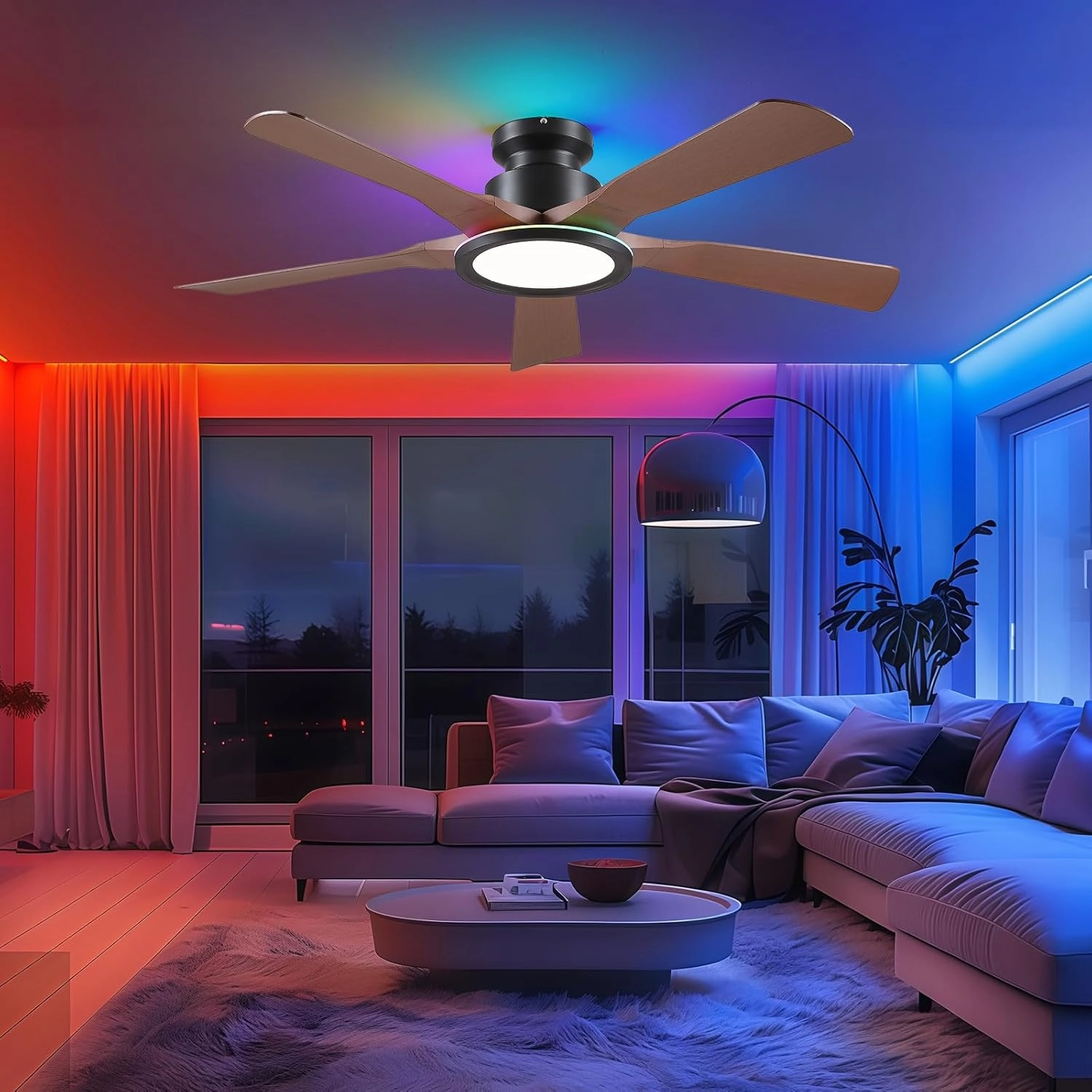 Ceiling Fans with Lights and Remote/APP Control, 52" Low Profile Flush Mount Ceiling Fan with RGB Ring Light & Dimmable, 5 Reversible Curved Blades 3 CCT 6 Speeds for Bedroom Living Room Party, Brown