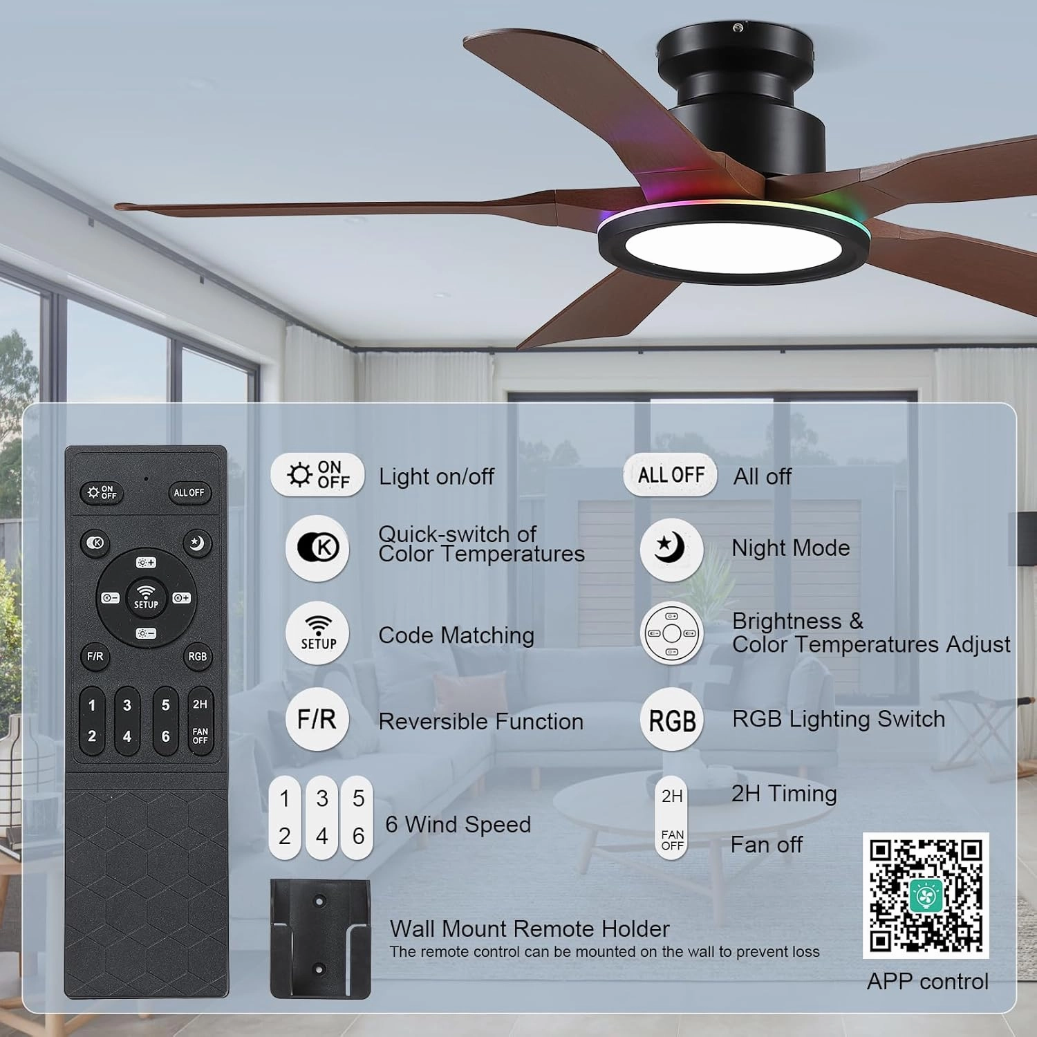 Ceiling Fans with Lights and Remote/APP Control, 52" Low Profile Flush Mount Ceiling Fan with RGB Ring Light & Dimmable, 5 Reversible Curved Blades 3 CCT 6 Speeds for Bedroom Living Room Party, Brown