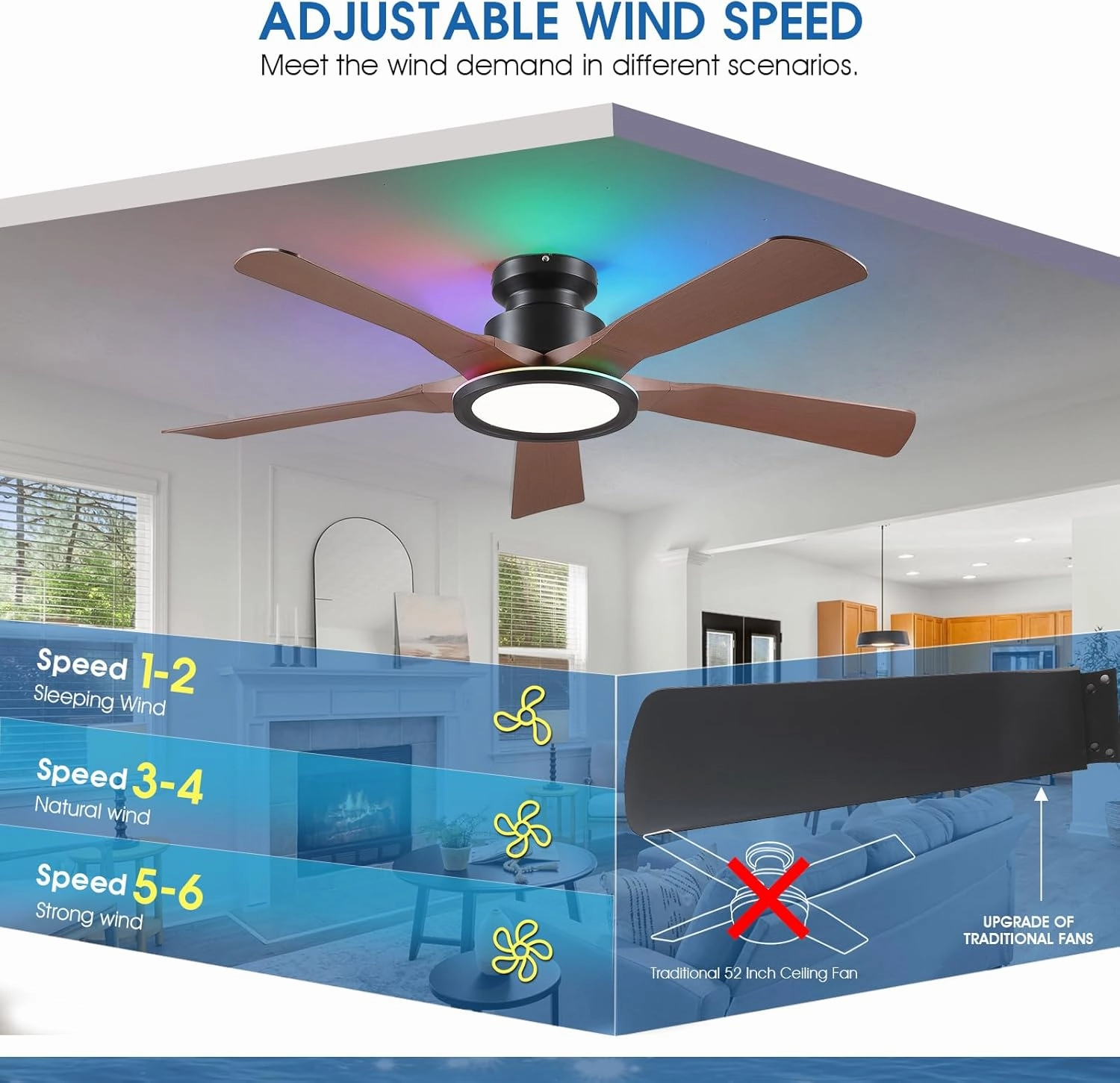 Ceiling Fans with Lights and Remote/APP Control, 52" Low Profile Flush Mount Ceiling Fan with RGB Ring Light & Dimmable, 5 Reversible Curved Blades 3 CCT 6 Speeds for Bedroom Living Room Party, Brown