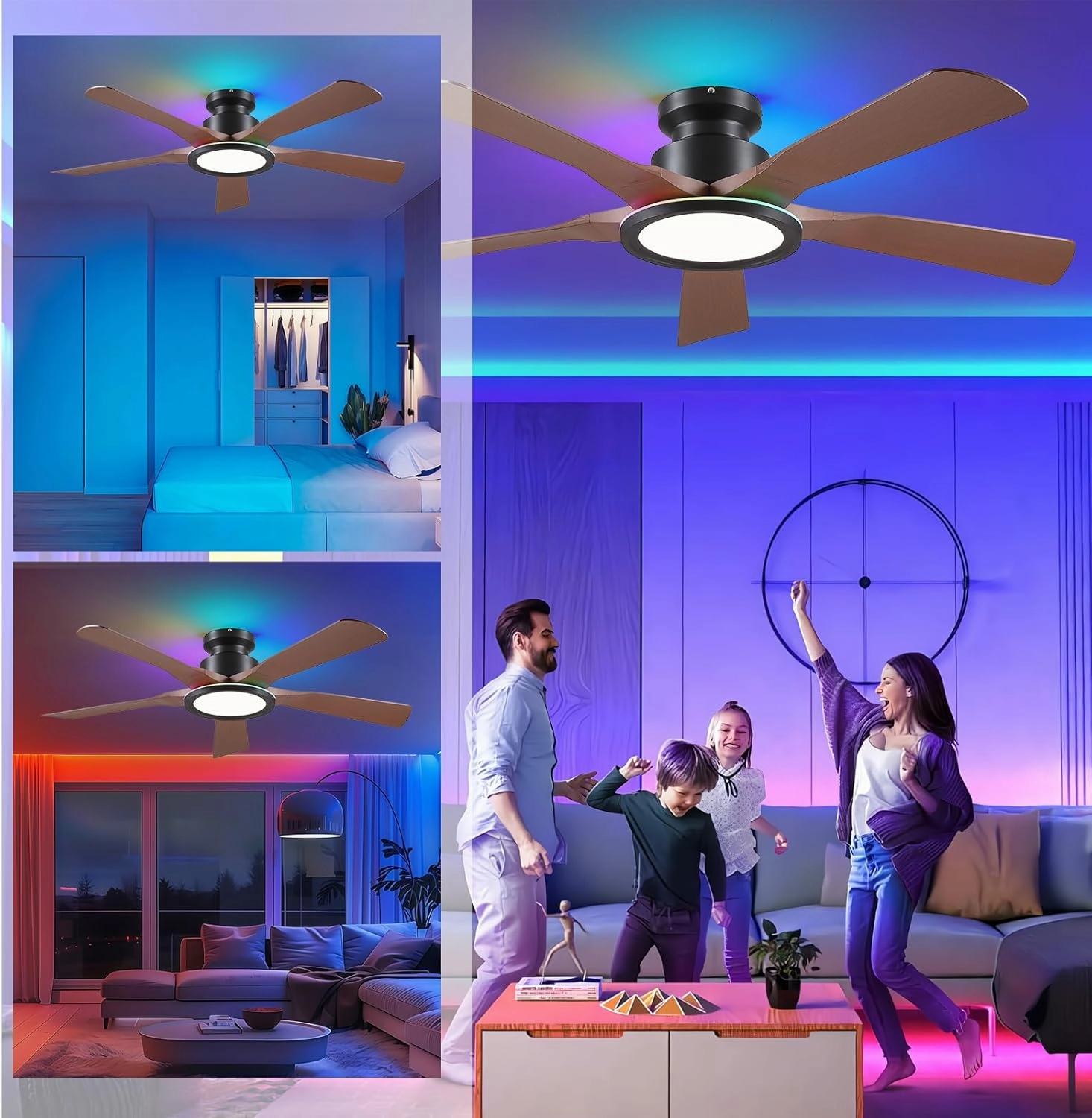 Ceiling Fans with Lights and Remote/APP Control, 52" Low Profile Flush Mount Ceiling Fan with RGB Ring Light & Dimmable, 5 Reversible Curved Blades 3 CCT 6 Speeds for Bedroom Living Room Party, Brown