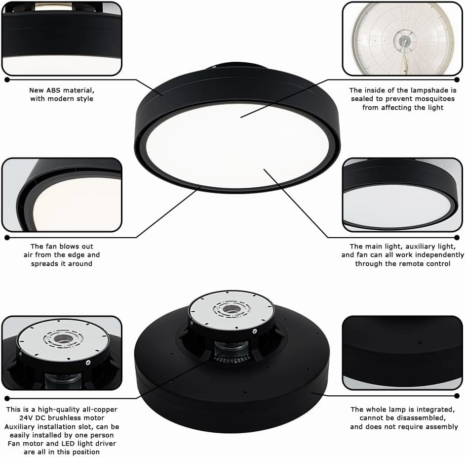Ceiling Fans with Lights and Remote, Flush Mount Modern Bladeless Ceiling Fan with Light, 6 Speeds, Stepless dimming and CCT 3000K-6000K LED Lights for Bedroom, Study Room (Black, 20.1)