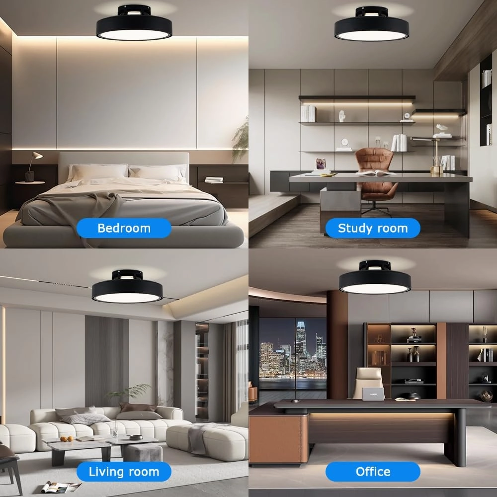 Ceiling Fans with Lights and Remote, Flush Mount Modern Bladeless Ceiling Fan with Light, 6 Speeds, Stepless dimming and CCT 3000K-6000K LED Lights for Bedroom, Study Room (Black, 20.1)