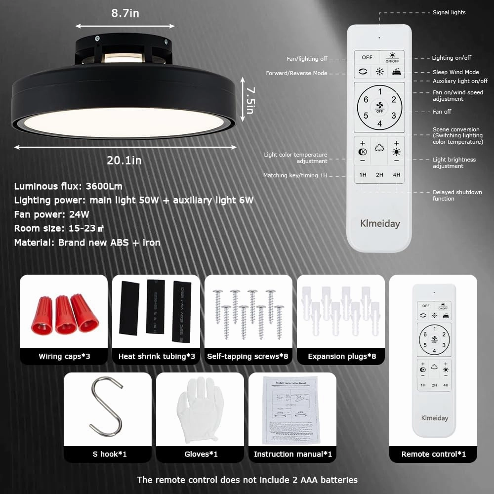 Ceiling Fans with Lights and Remote, Flush Mount Modern Bladeless Ceiling Fan with Light, 6 Speeds, Stepless dimming and CCT 3000K-6000K LED Lights for Bedroom, Study Room (Black, 20.1)