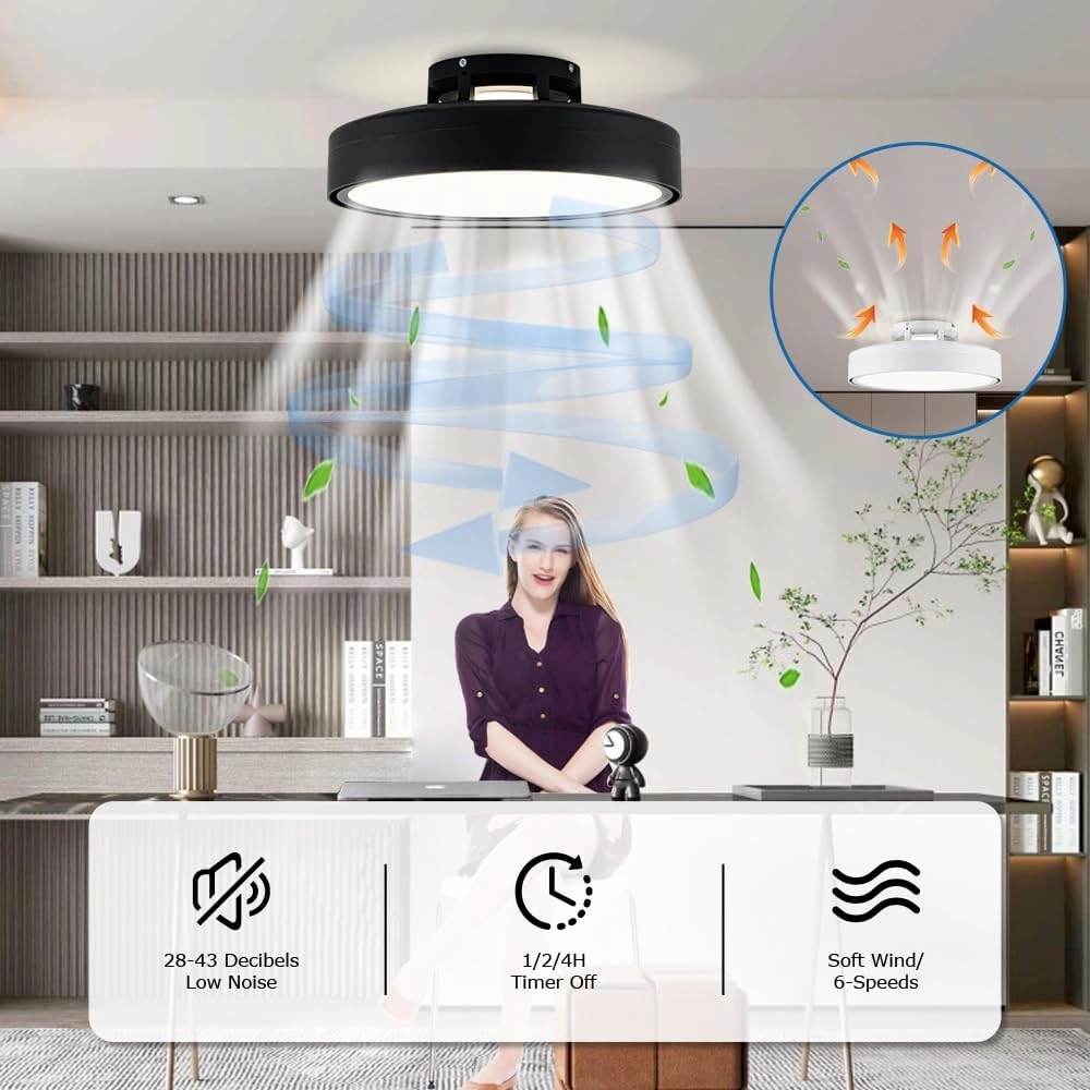 Ceiling Fans with Lights and Remote, Flush Mount Modern Bladeless Ceiling Fan with Light, 6 Speeds, Stepless dimming and CCT 3000K-6000K LED Lights for Bedroom, Study Room (Black, 20.1)