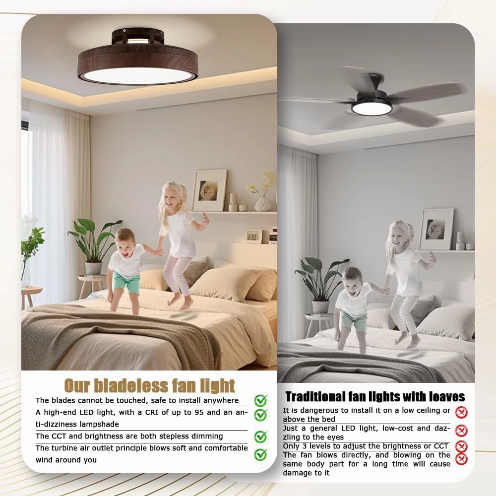 Ceiling Fans with Lights and Remote, Flush Mount Modern Bladeless Ceiling Fan with Light, 6 Speeds, Stepless dimming and CCT 3000K-6000K LED Lights for Bedroom, Study Room (Walnut, 20.1)