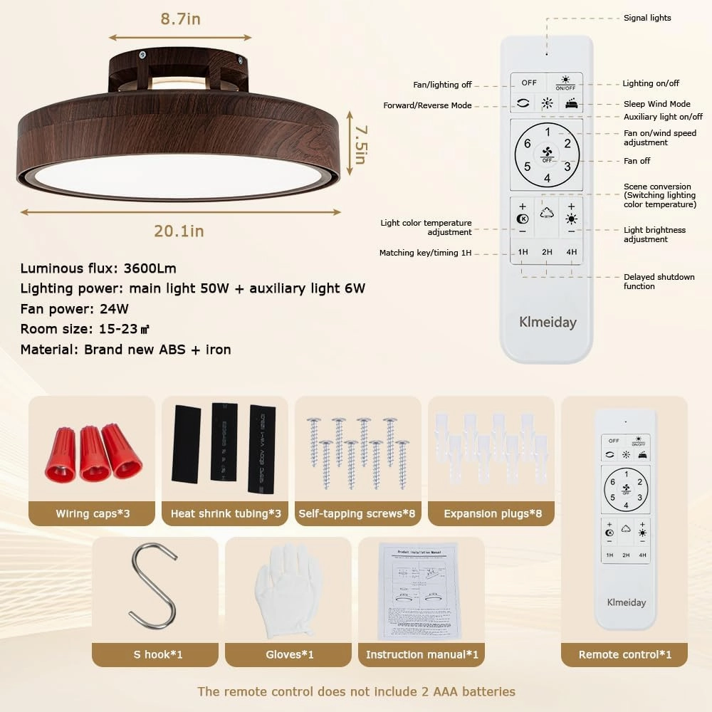 Ceiling Fans with Lights and Remote, Flush Mount Modern Bladeless Ceiling Fan with Light, 6 Speeds, Stepless dimming and CCT 3000K-6000K LED Lights for Bedroom, Study Room (Walnut, 20.1)