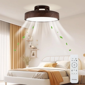 Ceiling Fans with Lights and Remote, Flush Mount Modern Bladeless Ceiling Fan with Light, 6 Speeds, Stepless dimming and CCT 3000K-6000K LED Lights for Bedroom, Study Room (Walnut, 20.1) Small bladeless fan for quiet cooling